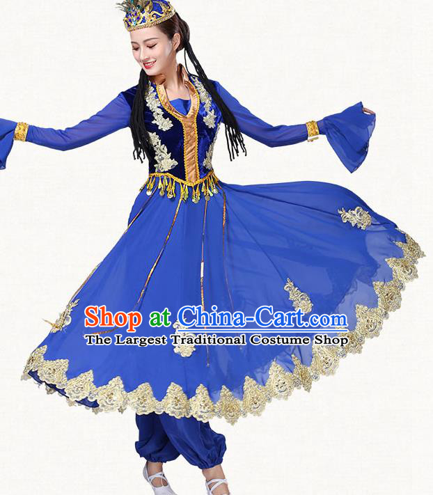 Chinese Xinjiang Ethnic Stage Performance Clothing Traditional Uygur Nationality Folk Dance Blue Dress Outfits