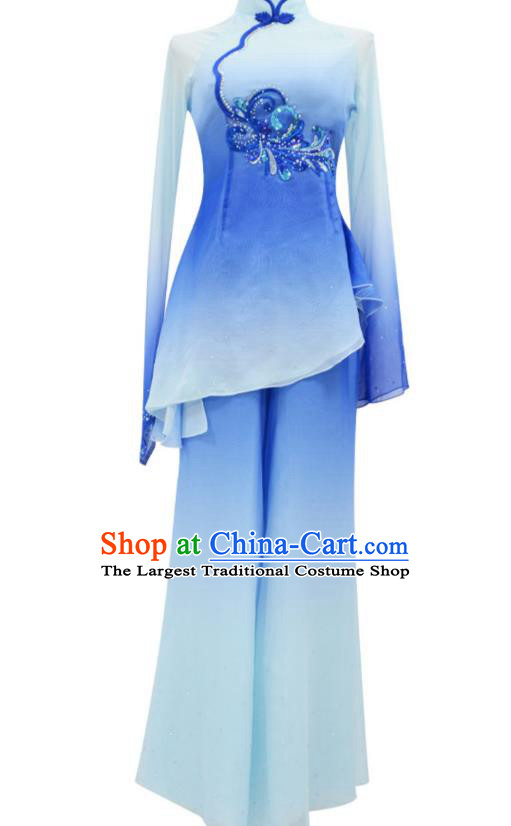 Chinese Folk Dance Blue Outfits Jiaozhou Yangko Dance Fan Dance Clothing