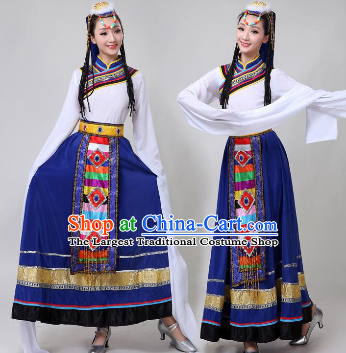 Chinese Traditional Xizang Tibetan Ethnic Folk Dance Royalblue Dress Zang Nationality Water Sleeve Dance Clothing