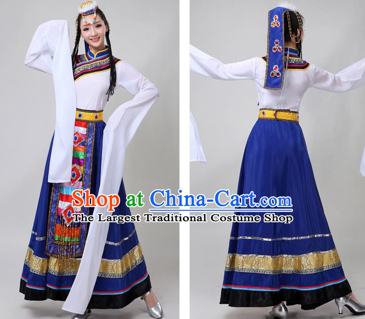 Chinese Traditional Xizang Tibetan Ethnic Folk Dance Royalblue Dress Zang Nationality Water Sleeve Dance Clothing