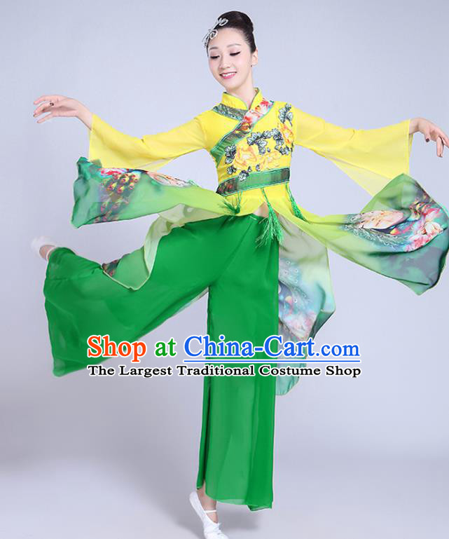 China Folk Dance Clothing Fan Dance Costume Spring Festival Gala Yangko Dance Printing Green Outfits