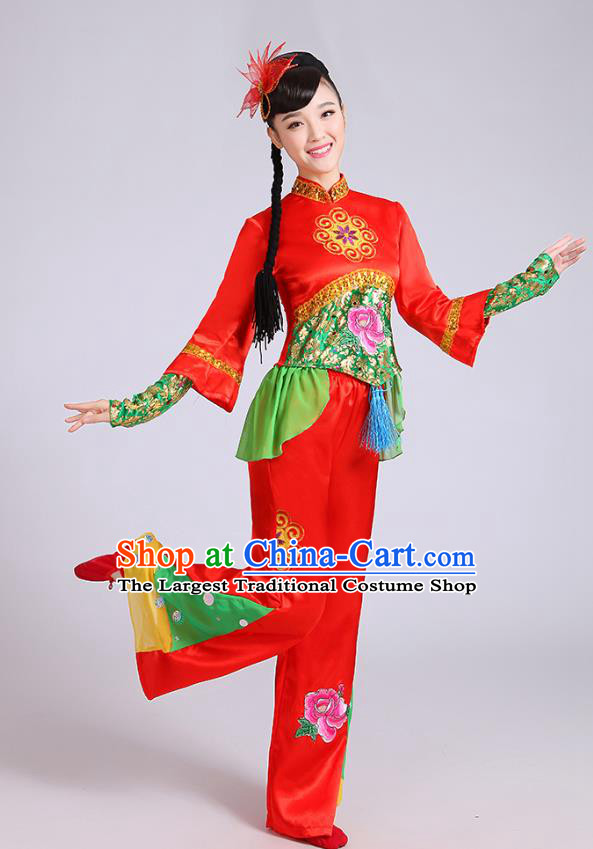 China Yangko Dance Red Outfits Folk Dance Clothing Fan Dance Stage Performance Costume