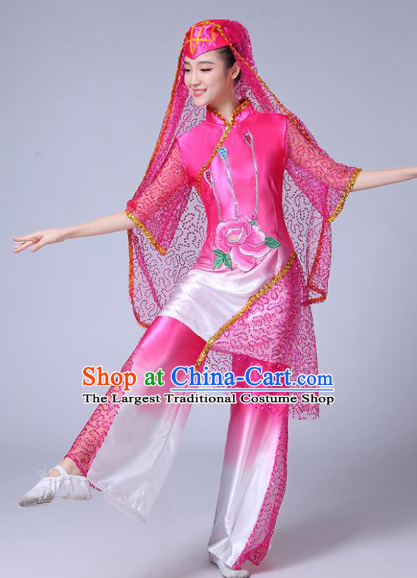 Chinese Traditional Hui Nationality Bride Dance Clothing Ningxia Ethnic Folk Dance Pink Outfits