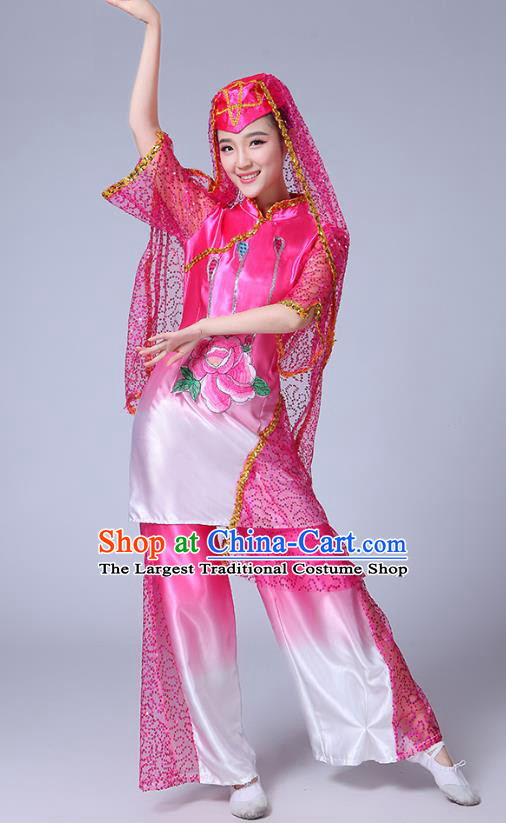 Chinese Traditional Hui Nationality Bride Dance Clothing Ningxia Ethnic Folk Dance Pink Outfits