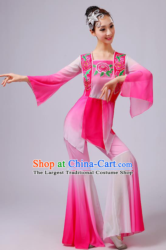 China Yangko Dance Embroidered Peony Pink Outfits Folk Dance Stage Performance Clothing Fan Dance Costume