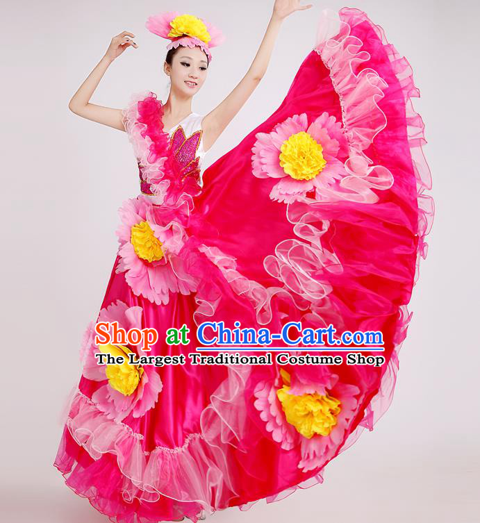 China Modern Dance Stage Performance Costume Opening Dance Rosy Dress Peony Flower Dance Clothing