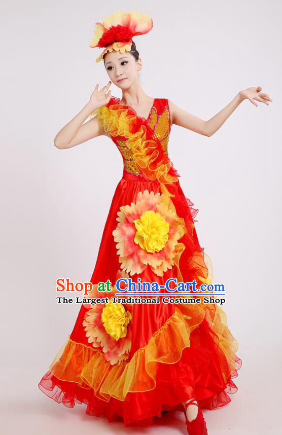 China Peony Flower Dance Clothing Modern Dance Stage Performance Costume Opening Dance Red Dress