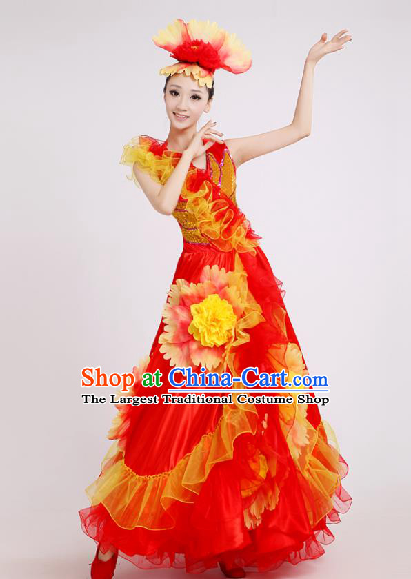China Peony Flower Dance Clothing Modern Dance Stage Performance Costume Opening Dance Red Dress