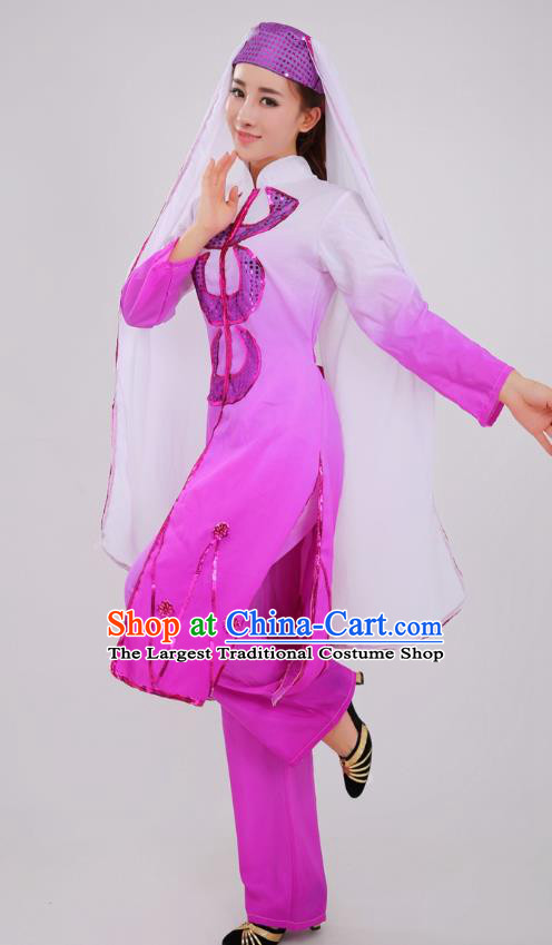 Chinese Traditional Hui Nationality Bride Clothing Ningxia Ethnic Wedding Purple Dress Outfits