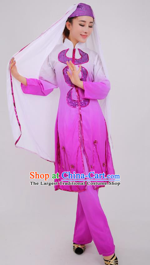 Chinese Traditional Hui Nationality Bride Clothing Ningxia Ethnic Wedding Purple Dress Outfits