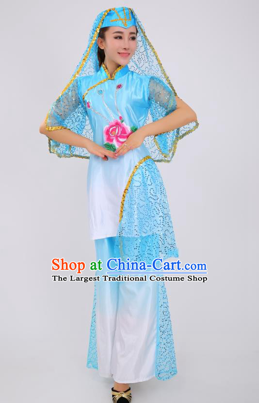 Chinese Ningxia Ethnic Folk Dance Blue Outfits Traditional Hui Nationality Female Stage Performance Clothing