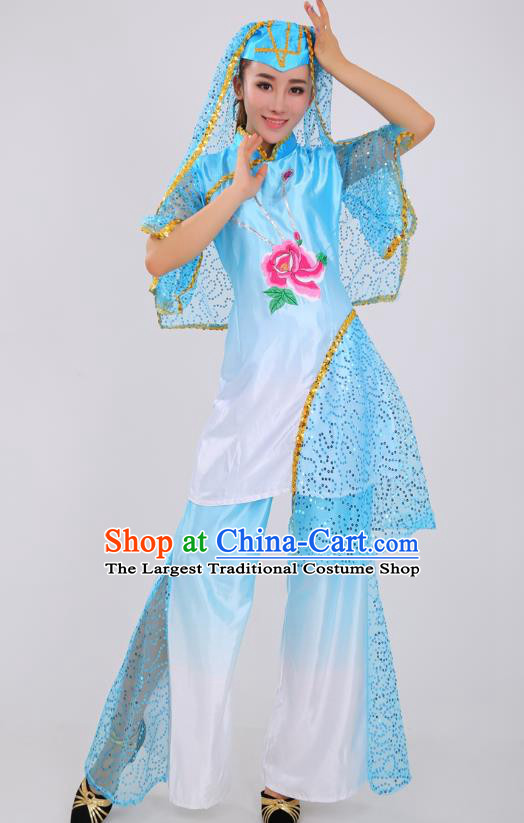Chinese Ningxia Ethnic Folk Dance Blue Outfits Traditional Hui Nationality Female Stage Performance Clothing