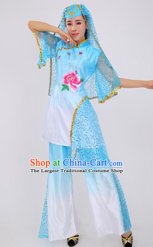 Chinese Ningxia Ethnic Folk Dance Blue Outfits Traditional Hui Nationality Female Stage Performance Clothing