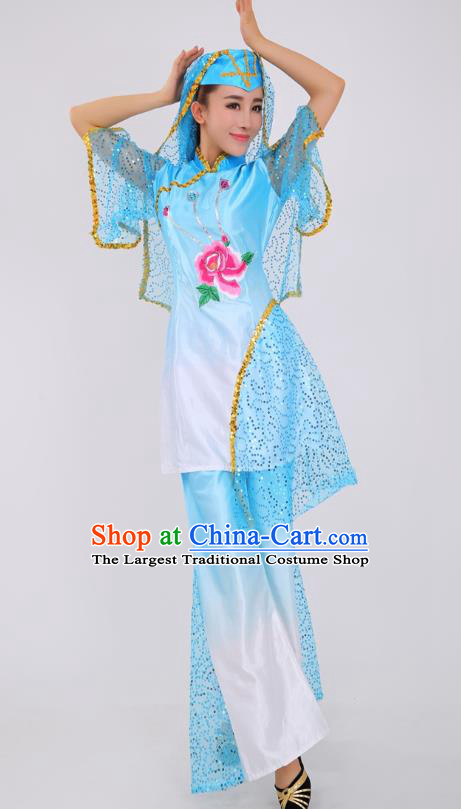 Chinese Ningxia Ethnic Folk Dance Blue Outfits Traditional Hui Nationality Female Stage Performance Clothing