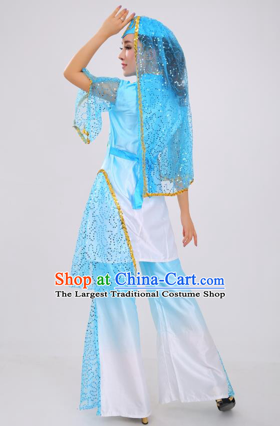 Chinese Ningxia Ethnic Folk Dance Blue Outfits Traditional Hui Nationality Female Stage Performance Clothing