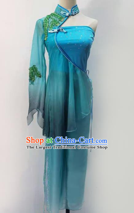 China Folk Dance Clothing Fan Dance Costume Yangko Dance Blue Outfits