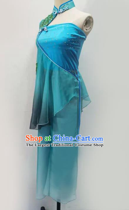 China Folk Dance Clothing Fan Dance Costume Yangko Dance Blue Outfits