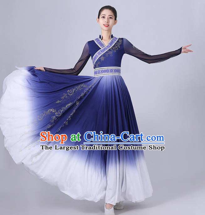 Chinese Mongolian Ethnic Folk Dance Clothing Traditional Mongol Nationality Stage Performance Blue Dress