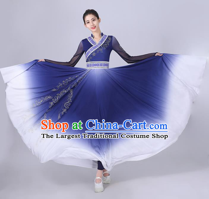 Chinese Mongolian Ethnic Folk Dance Clothing Traditional Mongol Nationality Stage Performance Blue Dress