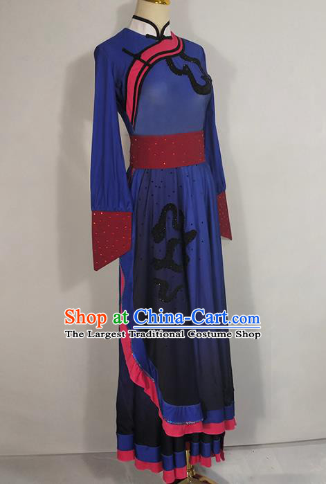 Chinese Mongol Ethnic Folk Dance Clothing Traditional Mongolian Nationality Deep Blue Dress Outfits