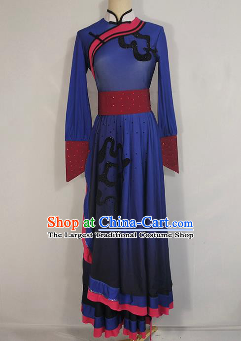 Chinese Mongol Ethnic Folk Dance Clothing Traditional Mongolian Nationality Deep Blue Dress Outfits
