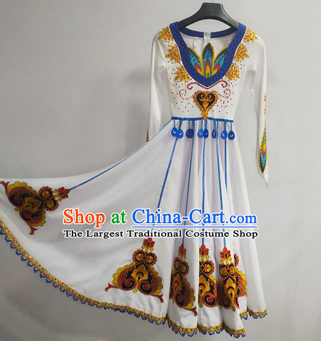 Chinese Xinjiang Ethnic Folk Dance Clothing Traditional Uyghur Nationality Stage Performance White Dress