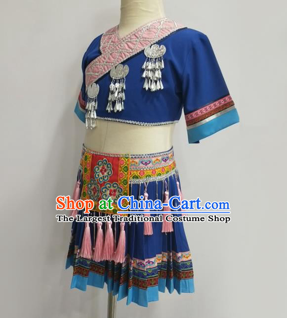 Chinese Miao Ethnic Folk Dance Clothing Traditional Hmong Nationality Children Blue Outfits