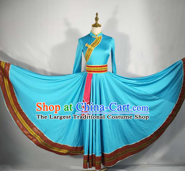 Chinese Traditional Mongol Nationality Dance Blue Dress Mongolian Ethnic Stage Performance Clothing