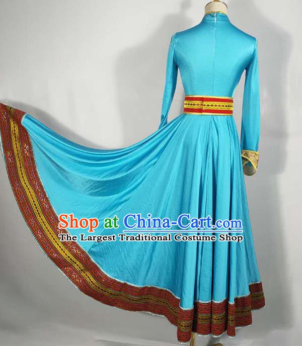 Chinese Traditional Mongol Nationality Dance Blue Dress Mongolian Ethnic Stage Performance Clothing