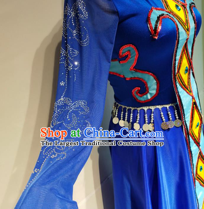 Chinese Traditional Ewenki Nationality Dance Royalblue Dress Ethnic Stage Performance Clothing