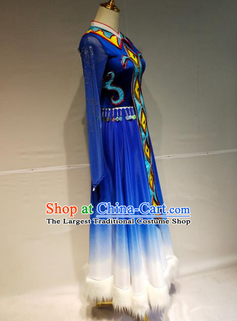 Chinese Traditional Ewenki Nationality Dance Royalblue Dress Ethnic Stage Performance Clothing
