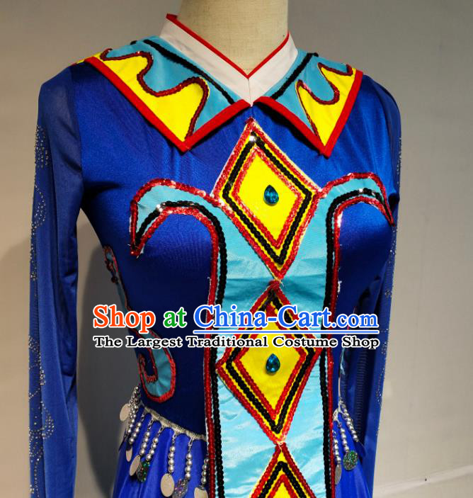 Chinese Traditional Ewenki Nationality Dance Royalblue Dress Ethnic Stage Performance Clothing