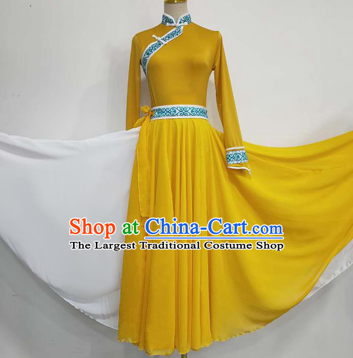 Chinese Mongolian Ethnic Folk Dance Clothing Traditional Mongol Nationality Stage Performance Yellow Long Dress