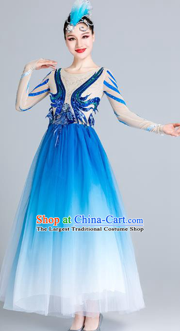 China Fan Dance Stage Performance Costume Modern Dance Clothing Chorus Group Blue Veil Dress