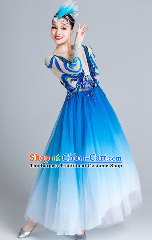 China Fan Dance Stage Performance Costume Modern Dance Clothing Chorus Group Blue Veil Dress
