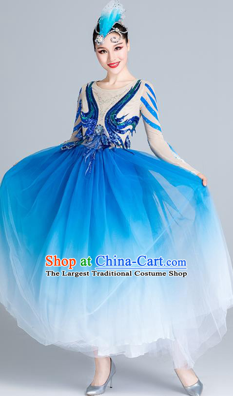 China Fan Dance Stage Performance Costume Modern Dance Clothing Chorus Group Blue Veil Dress