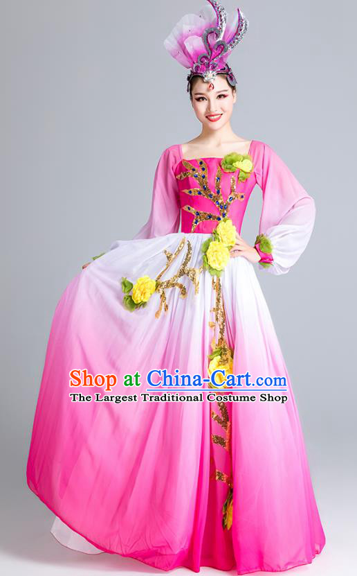 China Modern Dance Stage Performance Clothing Opening Dance Pink Dress Flowers Dance Costume