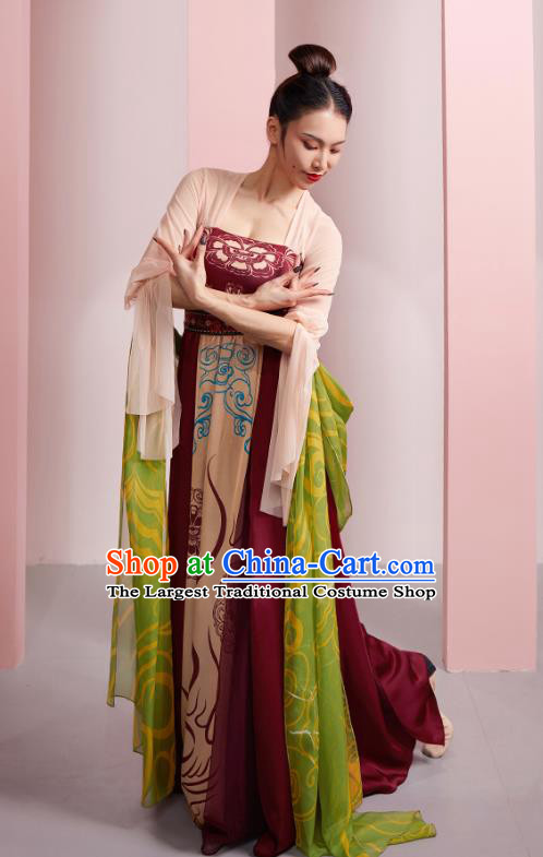 China Classical Dance Clothing Tang Dynasty Dance Wine Red Hanfu Dress Woman Group Dance Costume