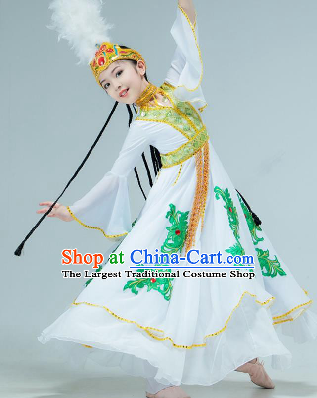 Chinese Traditional Uygur Nationality Performance White Dress Xinjiang Ethnic Girl Dance Clothing