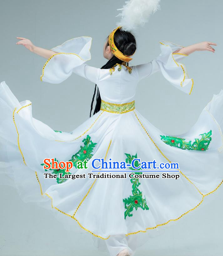 Chinese Traditional Uygur Nationality Performance White Dress Xinjiang Ethnic Girl Dance Clothing