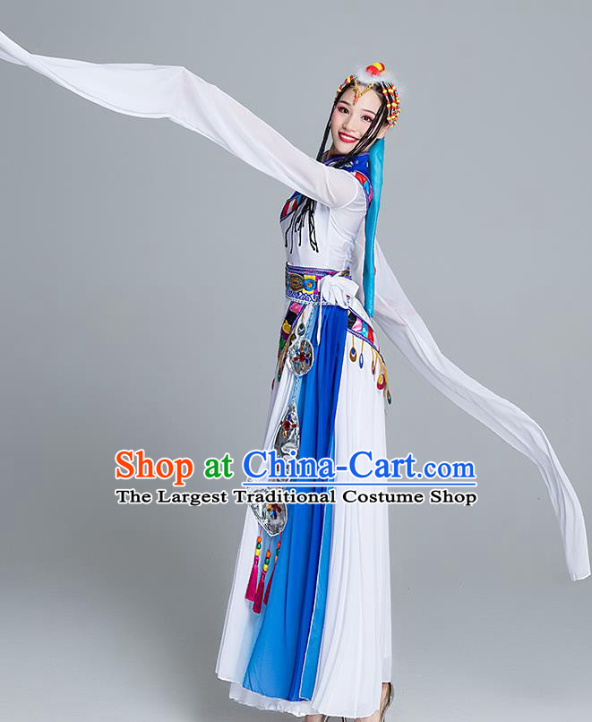 Chinese Traditional Zang Nationality White Water Sleeve Dress Outfits Tibetan Ethnic Stage Performance Female Clothing