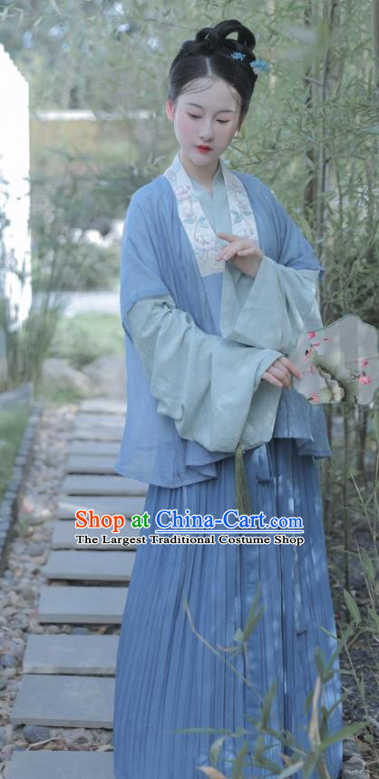 China Ancient Country Woman Blue Dress Uniforms Traditional Song Dynasty Civilian Lady Hanfu Clothing