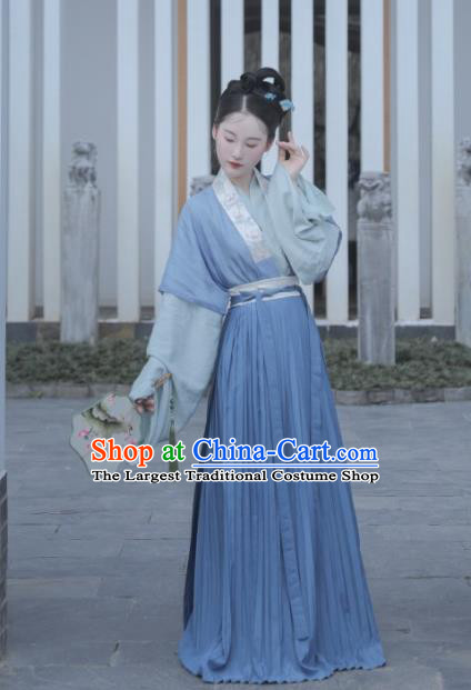 China Ancient Country Woman Blue Dress Uniforms Traditional Song Dynasty Civilian Lady Hanfu Clothing