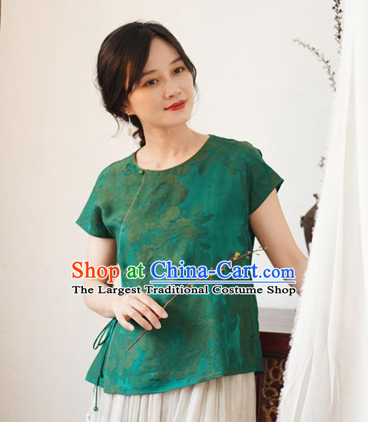 China Tang Suit Shirt National Women Clothing Classical Jacquard Green Silk Blouse