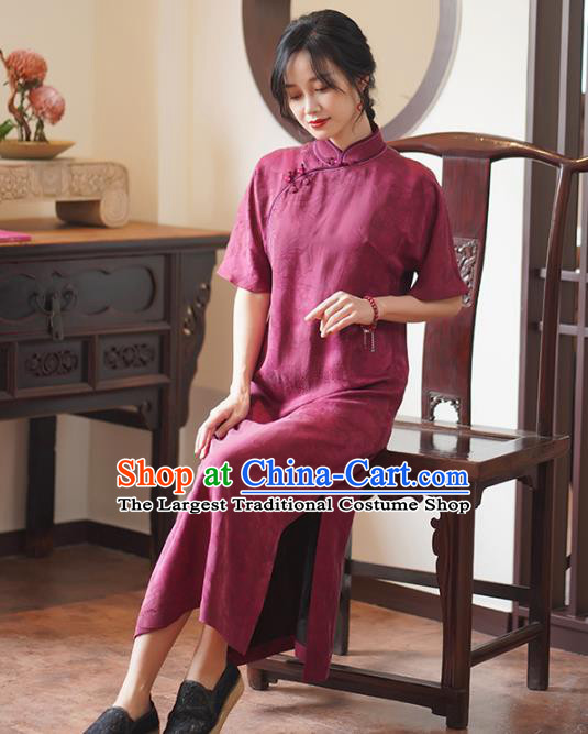 China National Cheongsam Classical Jacquard Wine Red Silk Qipao Dress