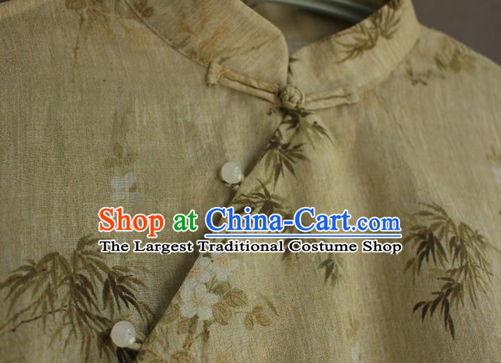 China Traditional Printing Beige Flax Qipao Dress National Women Clothing Classical Cheongsam