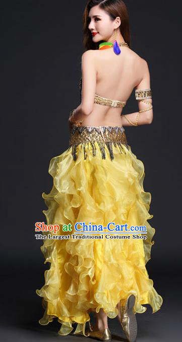 Asian India Oriental Dance Clothing Indian Belly Dance Competition Beads Tassel Bra and Yellow Skirt Outfits