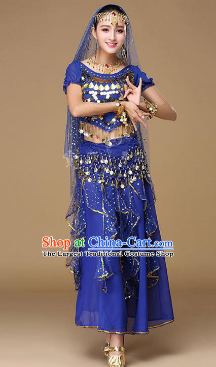 Indian Traditional Belly Dance Uniforms Asian India Dance Performance Royalblue Blouse and Skirt Clothing