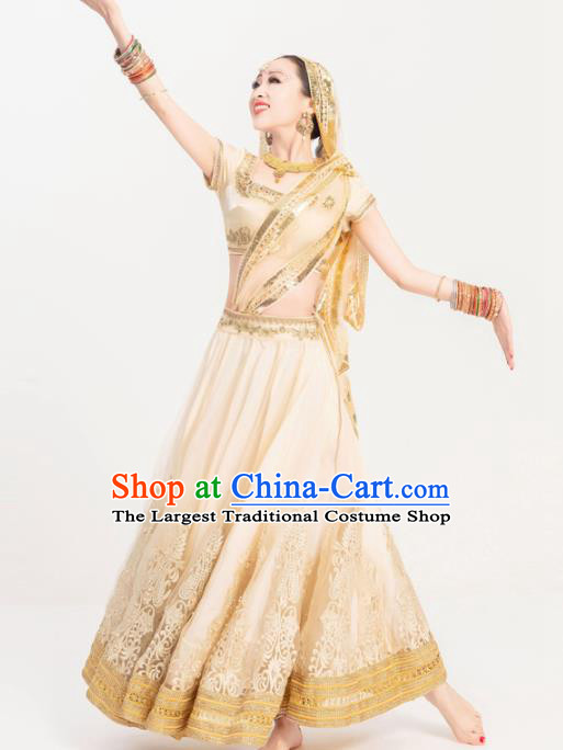 Indian Bollywood Dance Golden Dress Asian India Stage Performance Lehenga Costumes
