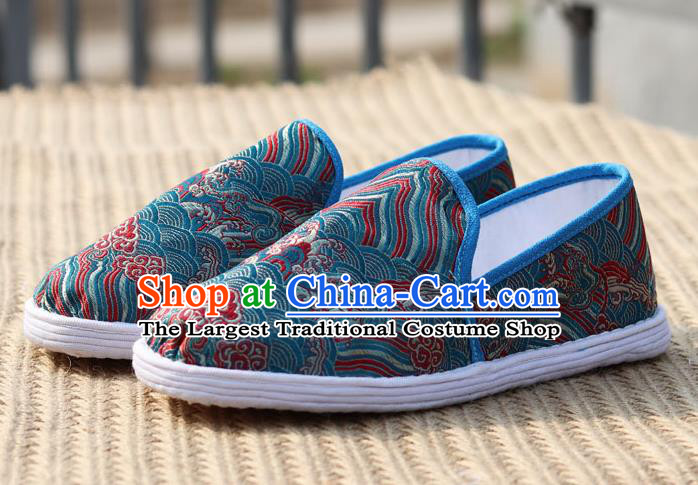 Chinese Handmade Shoes Traditional Martial Arts Shoes Classical Wave Pattern Blue Brocade Shoes